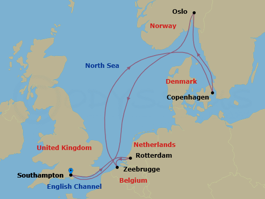8 Night - Northern City Escapes Cruise - Freedom of the Seas - Starting in Southampton, England, Rotterdam, Netherlands, Bruges, (Zeebrugge), Belgium, Copenhagen, Denmark, Oslo, Norway, Southampton, England itinerary map