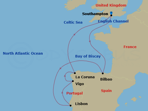 8 Night - Spain & Portugal Cruise - Freedom of the Seas - Starting in Southampton, England, Bilbao, Lisbon, Portugal, Vigo, Spain, La Coruna, Spain, Southampton, England itinerary map