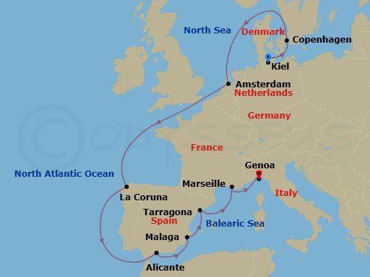 12 Night - Northern Europe - MSC Euribia - Starting in Kiel, Germany, Copenhagen, Denmark, Amsterdam, Holland, La Coruna (Santiago De Compostela), Spain, Malaga (Granada), Spain, Alicante, Spain, Tarragona, Spain, Marseille (Provence), France, Genoa (Portofino), Italy itinerary map