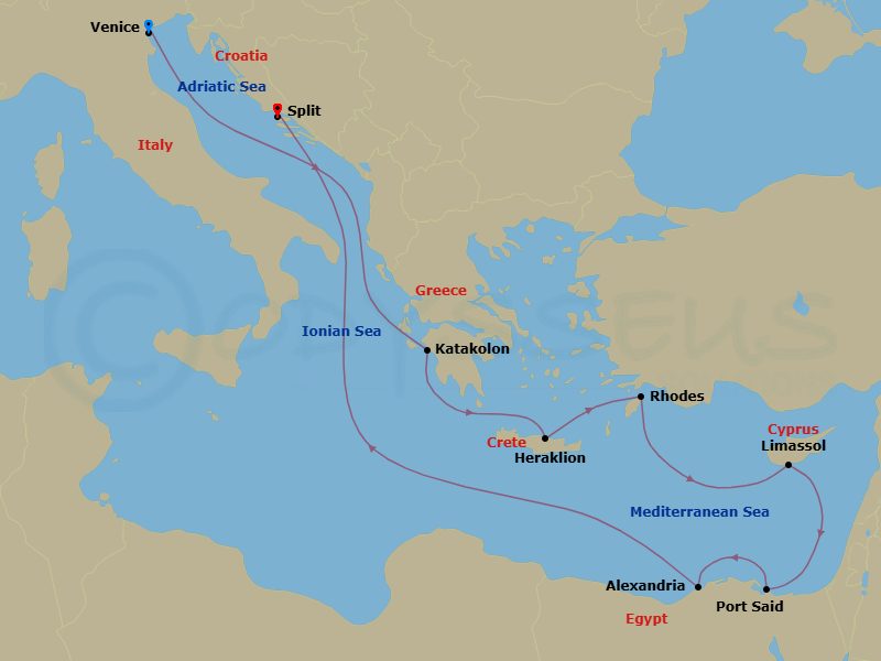 10 Night - Mediterranean - MSC Lirica - Starting in Venice / Marghera, Italy, Katakolon (Olympia), Greece, Heraklion (Crete), Greece, Rhodes (Lindos), Greece, Limassol, Cyprus, Port Said, Egypt, Alexandria EG, Egypt, Split, Croatia itinerary map