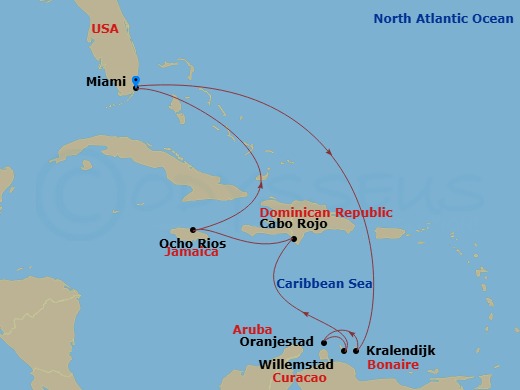10 Night - Caribbean and Antilles - MSC Poesia - Starting in Miami, Florida, Kralendijk, Bonaire, Oranjestad, Aruba, Willemstad AN, Cabo Rojo, Dominican Republic, Ocho Rios, Jamaica, Miami, Florida itinerary map