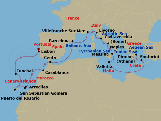 22 Night - An Extended Journey from Mediterranean Tranquility to Untamed Atlantic Shores - EXPLORA II - Starting in Piraeus (Athens), Santorini, La Valletta, Messina (Sicily), Port of Naples, Civitavecchia (Rome), Livorno (Florence), Villefranche-Sur-Mer (Nice), Barcelona, Ceuta, Casablanca, Arrecife (Lanzarote), Puerto Del Rosario, San Sebastian De La Gomera, Funchal (Madeira), Lisbon itinerary map