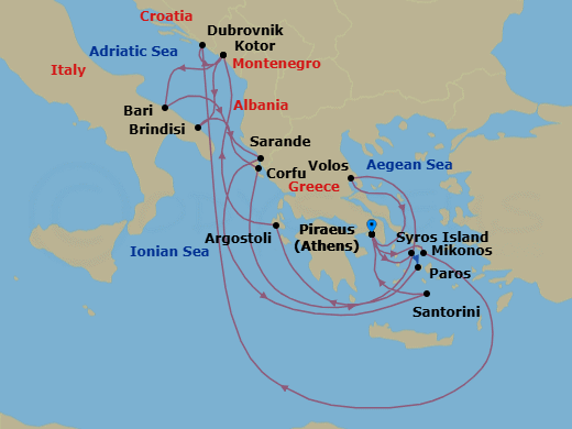 20 Night - An Extended Journey of Past Echoes & Open Water - EXPLORA II - Starting in Piraeus (Athens), Syros (Syra), Paros, Argostoli, Kotor, Bari, Sarande, Santorini, Piraeus (Athens), Mykonos, Dubrovnik, Croatia, Kotor, Brindisi, Corfu, Volos, Piraeus (Athens) itinerary map