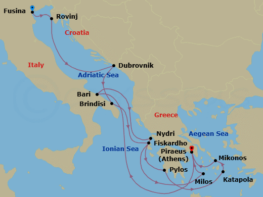 14 Night - An Extended Journey from Adriatic Heritage to Aegean Grace - EXPLORA II - Starting in Fusina (Venice), Rovinj, Dubrovnik, Croatia, Brindisi, Fiskardo (Cephalonia), Milos, Piraeus (Athens), Bari, Nydri, Lefkada, Pylos, Katapola, Mykonos, Piraeus (Athens) itinerary map