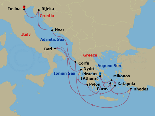 14 Night - An Extended Journey of Cycladic Sunsets & Idyllic Coastlines - EXPLORA II - Starting in Piraeus (Athens), Bari, Nydri, Lefkada, Pylos, Katapola, Mykonos, Piraeus (Athens), Paros, Rhodes, Corfu, Hvar, Rijeka, Fusina (Venice) itinerary map