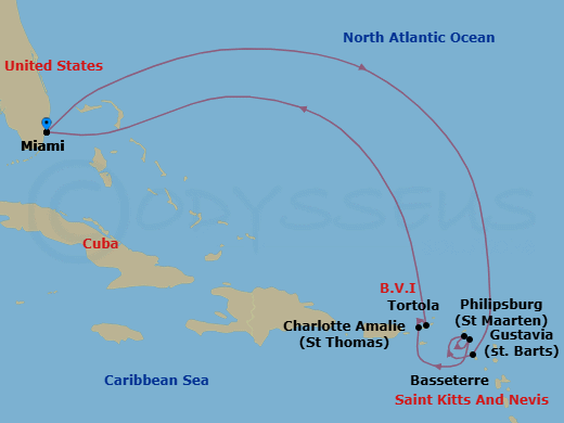 10 Night - Tropical Island Havens - Oceania Allura - Starting in Miami, Basseterre, Philipsburg, Gustavia, Charlotte Amalie, Tortola, Miami itinerary map