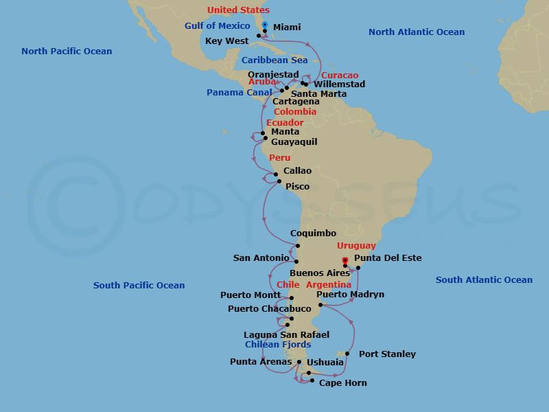 36 Night - Caribbean to Cape Horn - Oceania Insignia - Starting in Miami, Key West, Willemstad AN, Oranjestad, Santa Marta, Cartagena CO, Panama Canal Daylight Transit, Manta, Guayaquil, Lima / Machu Picchu (Callao), Pisco / Nazca Lines, Coquimbo, Santiago De Chile (San Antonio CL), Puerto Montt, Puerto Chacabuco, Laguna San Raphael, Cruising the Chilean Fjords, Punta Arenas, Cruising Around Cape Horn, Ushuaia, Port Stanley, Falkland Islands, Puerto Madryn, Punta Del Este, Buenos Aires itinerary map