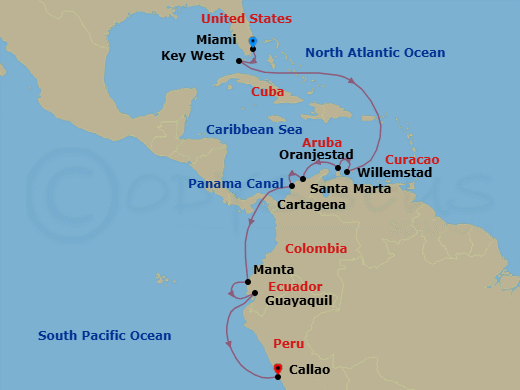 15 Night - Antilles to Andes - Oceania Insignia - Starting in Miami, Key West, Willemstad AN, Oranjestad, Santa Marta, Cartagena CO, Panama Canal Daylight Transit, Manta, Guayaquil, Lima / Machu Picchu (Callao) itinerary map