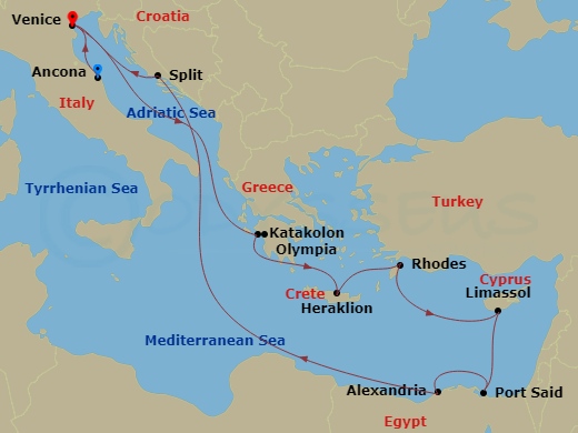 12 Night - Mediterranean - MSC Lirica - Starting in Ancona (Urbino), Italy, Venice / Marghera, Italy, Katakolon (Olympia), Greece, Heraklion (Crete), Greece, Rhodes (Lindos), Greece, Limassol, Cyprus, Port Said, Egypt, Alexandria EG, Egypt, Split, Croatia, Venice / Marghera, Italy itinerary map