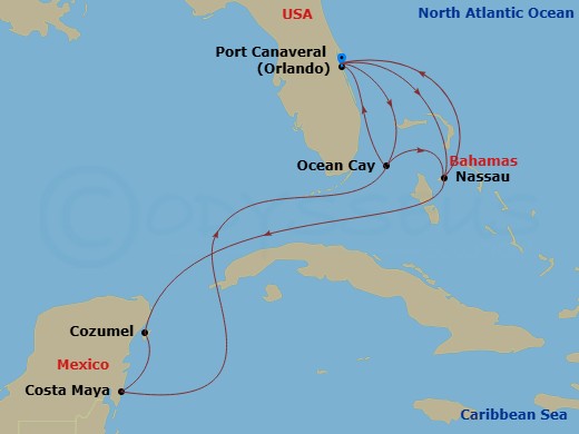 11 Night - Caribbean and Antilles - MSC Seashore - Starting in Port Canaveral (Orlando), Florida, Nassau, Bahamas, Cozumel, Mexico, Costa Maya, Mexico, Ocean Cay Msc Marine Reserve, Bahamas, Port Canaveral (Orlando), Florida, Ocean Cay Msc Marine Reserve, Bahamas, Nassau, Bahamas, Port Canaveral (Orlando), Florida itinerary map