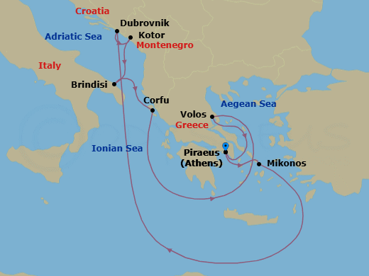 10 Night - A Journey of Sapphire Seas & Stone Carved Shores - EXPLORA II - Starting in Piraeus (Athens), Mykonos, Dubrovnik, Croatia, Kotor, Brindisi, Corfu, Volos, Piraeus (Athens) itinerary map