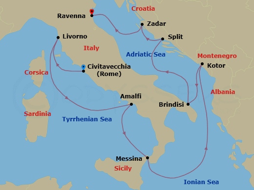 11 Night - Best of Italy & Croatia Cruise - Celebrity Constellation - Starting in Rome (Civitavecchia), Italy, Florence / Pisa (Livorno), Italy, Amalfi Coast (Salerno), Italy, Sicily (Messina), Italy, Kotor, Montenegro, Brindisi, Italy, Split, Croatia, Zadar, Croatia, Ravenna, Italy itinerary map
