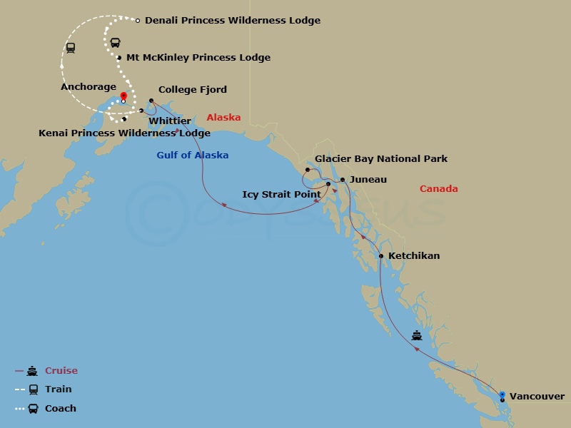 13 Night - Off the Beaten Path - Tour Na6 - Island Princess Tours - Starting in Vancouver, Canada, Ketchikan, Alaska, Juneau, Alaska, Glacier Bay National Park (Scenic Cruising), Alaska, Icy Strait Point, Alaska, College Fjord (Scenic Cruising), Alaska, Anchorage (Whittier), Alaska, Denali Princess Wilderness Lodge, Mount Mckinley Princess Wilderness Lodge, Kenai Princess Wilderness Lodge, Anchorage itinerary map
