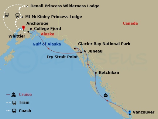 11 Night - Denali Explorer - Tour Ea4 - Island Princess Tours - Starting in Vancouver, Canada, Ketchikan, Alaska, Juneau, Alaska, Glacier Bay National Park (Scenic Cruising), Alaska, Icy Strait Point, Alaska, College Fjord (Scenic Cruising), Alaska, Anchorage (Whittier), Alaska, Denali Princess Wilderness Lodge, Mount Mckinley Princess Wilderness Lodge, Anchorage itinerary map