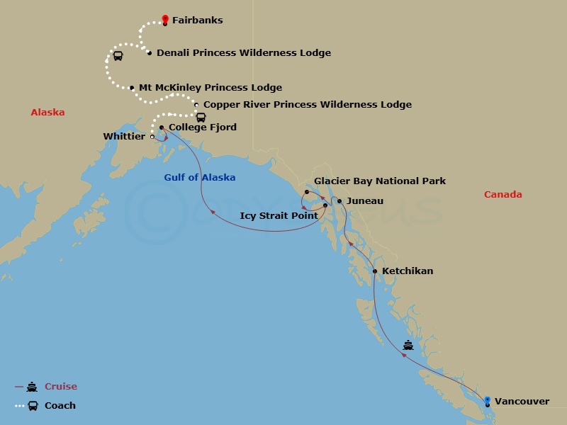 13 Night - Off the Beaten Path - Tour Ma6 - Island Princess Tours - Starting in Vancouver, Canada, Ketchikan, Alaska, Juneau, Alaska, Glacier Bay National Park (Scenic Cruising), Alaska, Icy Strait Point, Alaska, College Fjord (Scenic Cruising), Alaska, Anchorage (Whittier), Alaska, Copper River Princess Wilderness Lodge, Mount Mckinley Princess Wilderness Lodge, Denali Princess Wilderness Lodge, Fairbanks itinerary map
