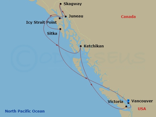 10 Night - Inside Passage (with Glacier Bay National Park) - Grand Princess - Starting in Vancouver, Canada, Sitka, Alaska, Glacier Bay National Park (Scenic Cruising), Alaska, Skagway, Alaska, Juneau, Alaska, Icy Strait Point, Alaska, Ketchikan, Alaska, Victoria CA, Vancouver, Canada itinerary map