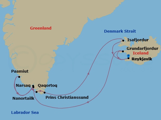 10 Night - Chasing Erik the Red - Seven Seas Grandeur - Starting in Reykjavik, Grundarfjordur, Cruising the North Atlantic Ocean, Qaqortoq, Paamiut, Narsaq, Nanortalik, Cruising Prince Christian Sound, Cruising the Atlantic Ocean, Isafjordur, Reykjavik itinerary map