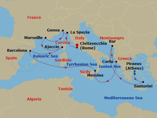 14 Night - Western Mediterranean with Greece & Italy - Sun Princess - Starting in Athens (Piraeus), Greece, Santorini, Greece, Montenegro, Corfu, Greece, Sicily (Messina), Italy, Barcelona, Spain, Ibiza, Spain, Corsica (Ajaccio), France, Marseille (Provence), France, Genoa (for Cinque Terre), Italy, La Spezia (for Florence / Pisa), Italy, Civitavecchia (for Rome), Italy itinerary map