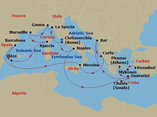 21 Night - The Best of the Mediterranean - Sun Princess - Starting in Civitavecchia (for Rome), Italy, Naples, Italy (for Capri and Pompeii), Crete (Chania), Greece, Kusadasi, Turkey (for Ephesus), Mykonos, Greece, Athens (Piraeus), Greece, Santorini, Greece, Montenegro, Corfu, Greece, Sicily (Messina), Italy, Barcelona, Spain, Ibiza, Spain, Corsica (Ajaccio), France, Marseille (Provence), France, Genoa (for Cinque Terre), Italy, La Spezia (for Florence / Pisa), Italy, Civitavecchia (for Rome), Italy itinerary map