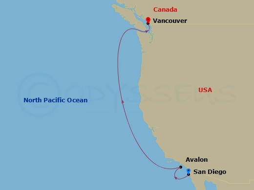 4 Night - Pacific Coastal Cruise - Eurodam - Starting in San Diego, California, Avalon, California, Vancouver, BC, CA itinerary map