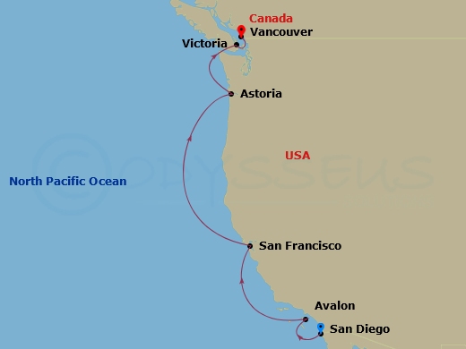 7 Night - Wine Country & Pacific Northwest - Nieuw Amsterdam - Starting in San Diego, California, Avalon, California, San Francisco, California, Astoria, Oregon, Victoria CA, Canada, Vancouver, BC, CA itinerary map