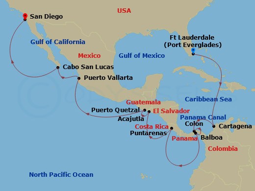 15 Night - Panama Canal - Eurodam - Starting in Fort Lauderdale, Florida, Cartagena CO, Enter Panama Canal Cristobal, Cruising Panama Canal, Exit Panama Canal Balboa, Puntarenas (Puerto Caldera), Costa Rica, Acajutla, El Salvador, Puerto Quetzal, Guatemala, Puerto Vallarta, Mexico, Cabo San Lucas, Mexico, San Diego, California itinerary map