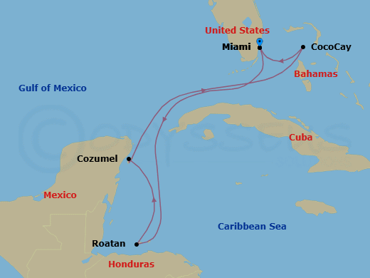 7 Night - Perfect Day Cococay & West Carib - Hero of the Seas - Starting in Miami, Florida, Roatan, Honduras, Cozumel, Mexico, Perfect Day Cococay, Bahamas, Miami, Florida itinerary map