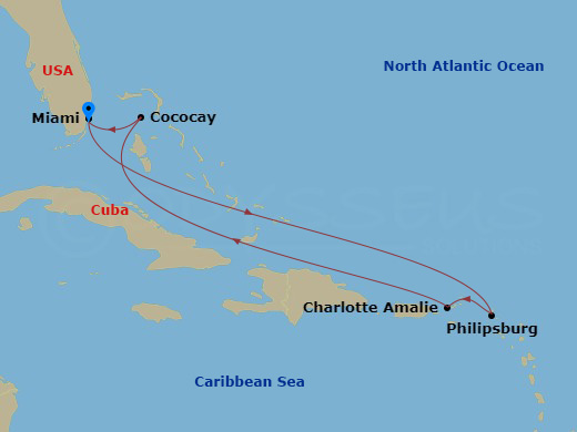 7 Night - Perfect Day Cococay & East Carib - Hero of the Seas - Starting in Miami, Florida, Philipsburg, St Maarten, Charlotte Amalie, St Thomas, Perfect Day Cococay, Bahamas, Miami, Florida itinerary map