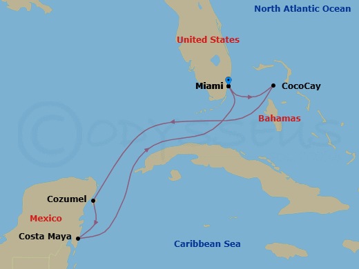 7 Night - Perfect Day Cococay & West Carib - Hero of the Seas - Starting in Miami, Florida, Perfect Day Cococay, Bahamas, Cozumel, Mexico, Puerto Costa Maya, Mexico, Miami, Florida itinerary map