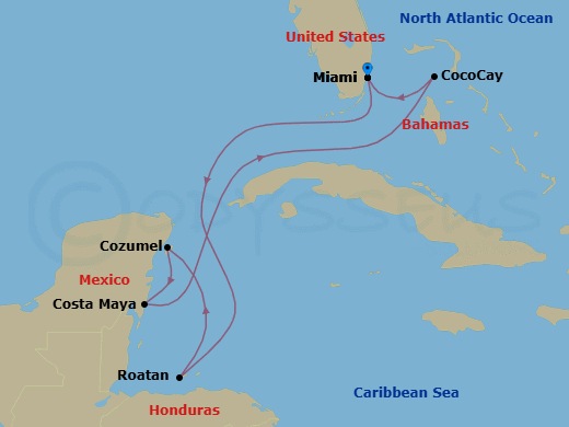 7 Night - Perfect Day Cococay & West Carib - Hero of the Seas - Starting in Miami, Florida, Roatan, Honduras, Cozumel, Mexico, Puerto Costa Maya, Mexico, Perfect Day Cococay, Bahamas, Miami, Florida itinerary map