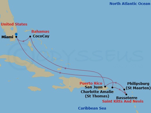 9 Night - Perfect Day Cococay & Carib Holid - Hero of the Seas - Starting in Miami, Florida, Charlotte Amalie, St Thomas, Basseterre, St Kitts and Nevis, Philipsburg, St Maarten, San Juan, Puerto Rico, Perfect Day Cococay, Bahamas, Miami, Florida itinerary map