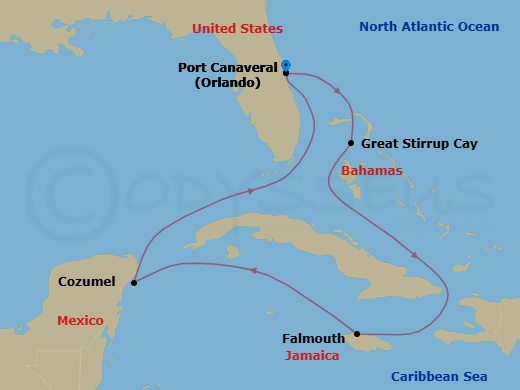 9 Night - Space Discovery Cruisetour - Norwegian Epic Tours - Starting in At Hotel, Orlando Beaches / Port Canaveral, Fl, Great Stirrup Cay, Bahamas, Falmouth, Jamaica, Cozumel, Mexico, Orlando Beaches / Port Canaveral, Fl itinerary map