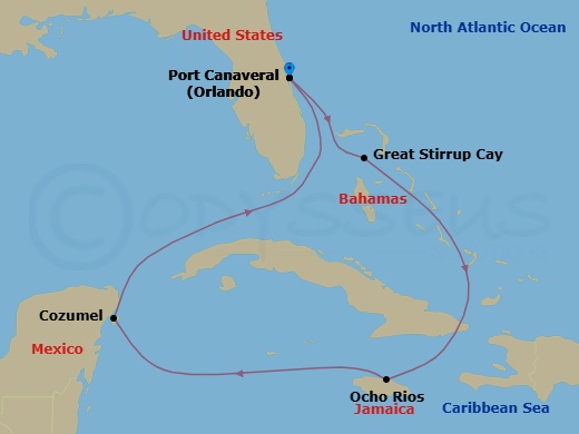 9 Night - Space Discovery Cruisetour - Norwegian Epic Tours - Starting in At Hotel, Orlando Beaches / Port Canaveral, Fl, Great Stirrup Cay, Bahamas, Ocho Rios, Jamaica, Cozumel, Mexico, Orlando Beaches / Port Canaveral, Fl itinerary map
