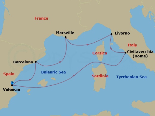 6 Night - Mediterranean - MSC Sinfonia - Starting in Valencia, Spain, Barcelona, Spain, Marseille (Provence), France, Livorno (Florence), Italy, Civitavecchia (Rome), Italy, Valencia, Spain itinerary map
