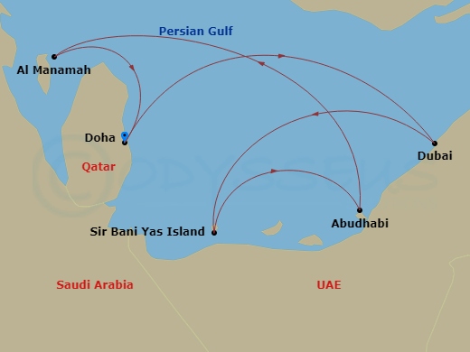 7 Night - Dubai, Abu Dhabi & Qatar - MSC World Europa - Starting in Doha, Qatar, Dubai, United Arab Emirates, Sir Baniyas Island, UAE, Abu Dhabi, United Arab Emirates, Bahrain, Doha, Qatar itinerary map