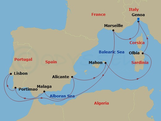 10 Night - Mediterranean - MSC Sinfonia - Starting in Genoa (Portofino), Italy, Marseille (Provence), France, Malaga (Granada), Spain, Portimao, Portugal, Lisbon (Cascais), Portugal, Alicante, Spain, Mahon, Menorca, Spain, Olbia, Italy, Genoa (Portofino), Italy itinerary map