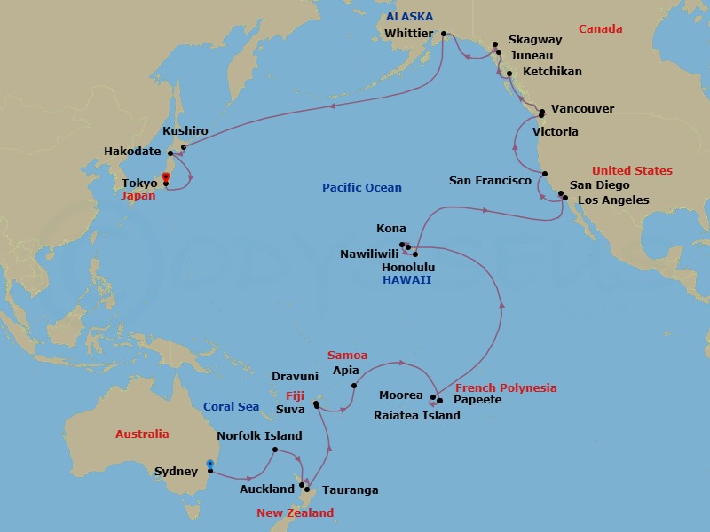 57 Night - Circle Pacific Liner (Sydney to Tokyo) - Grand Princess - Starting in Sydney AU, Norfolk Island, Australia, Auckland, New Zealand, Tauranga, New Zealand, Suva, Fiji, Dravuni Island, Fiji, Apia, Western Samoa, Cross International Date Line, Tahiti (Papeete), French Polynesia, Moorea, French Polynesia, Raiatea, French Polynesia, Honolulu, Hawaii, Kauai (Nawiliwili), Hawaii, Kona, Hawaii, Los Angeles, California, San Diego, California, San Francisco, California, Victoria CA, Vancouver, Canada, Ketchikan, Alaska, Juneau, Alaska, Skagway, Alaska, Hubbard Glacier (Scenic Cruising), Alaska, College Fjord (Scenic Cruising), Alaska, Anchorage (Whittier), Alaska, Cross International Date Line, Kushiro, Japan, Hakodate, Japan, Tokyo, Japan itinerary map