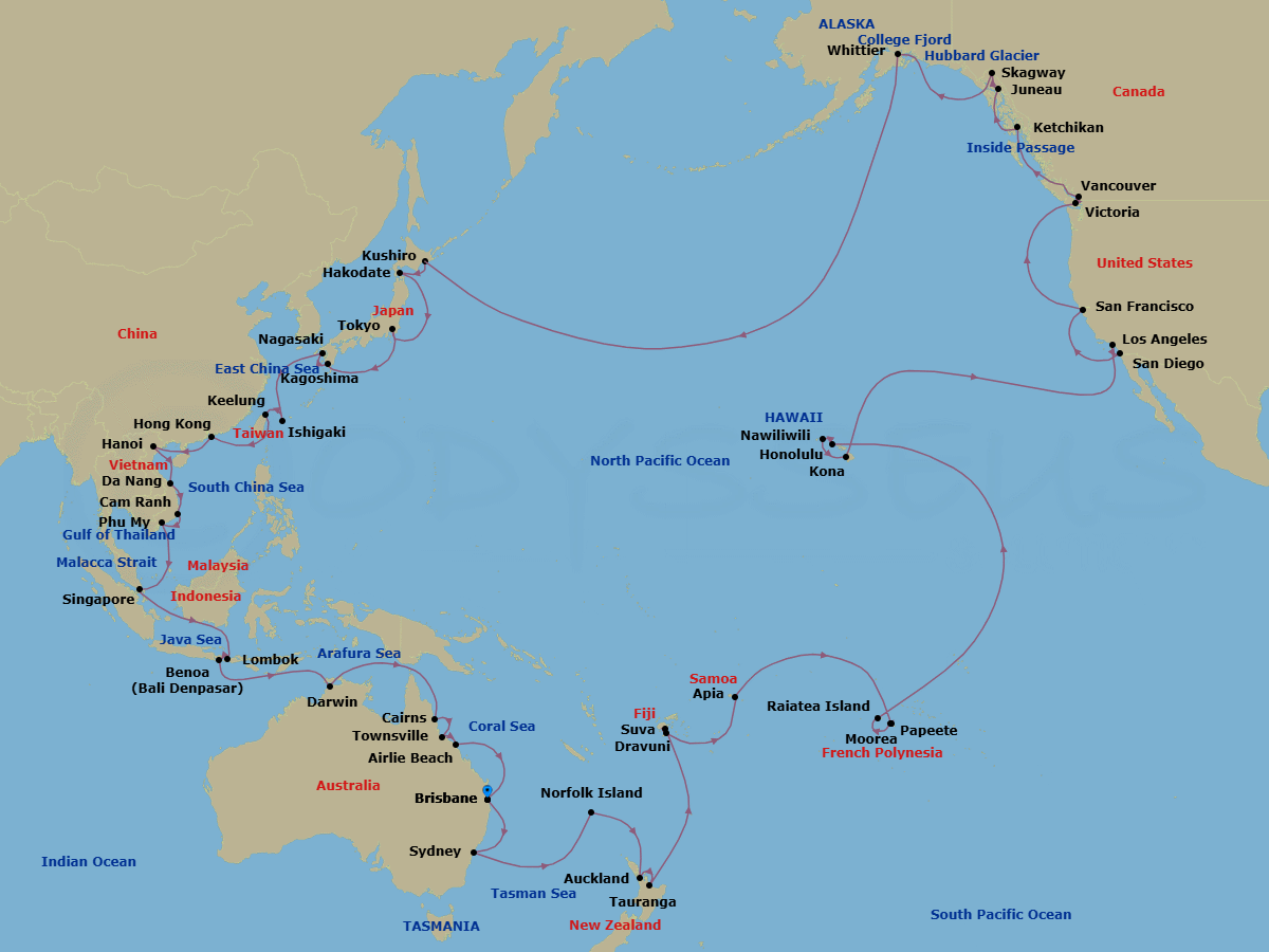 94 Night - Circle Pacific (Roundtrip Brisbane) - Grand Princess - Starting in Brisbane, Australia, Sydney AU, Norfolk Island, Australia, Auckland, New Zealand, Tauranga, New Zealand, Suva, Fiji, Dravuni Island, Fiji, Apia, Western Samoa, Cross International Date Line, Tahiti (Papeete), French Polynesia, Moorea, French Polynesia, Raiatea, French Polynesia, Honolulu, Hawaii, Kauai (Nawiliwili), Hawaii, Kona, Hawaii, Los Angeles, California, San Diego, California, San Francisco, California, Victoria CA, Vancouver, Canada, Ketchikan, Alaska, Juneau, Alaska, Skagway, Alaska, Hubbard Glacier (Scenic Cruising), Alaska, College Fjord (Scenic Cruising), Alaska, Anchorage (Whittier), Alaska, Cross International Date Line, Kushiro, Japan, Hakodate, Japan, Tokyo, Japan, Kagoshima, Japan, Nagasaki, Japan, Ishigaki, Japan, Taipei (Keelung), Hong Kong, Halong Bay / Hanoi (Cai Lan), Vietnam, Scenic Cruising Halong Bay, Da Nang / Hue (Chan May), Vietnam, Cam Ranh (Nha Trang), Vietnam, Ho Chi Minh City (Phu My), Vietnam, Singapore, Lombok, Indonesia, Bali (Benoa), Indonesia, Darwin, Australia, Cairns, Australia, Townsville, Australia, Airlie Beach, Australia, Brisbane, Australia itinerary map