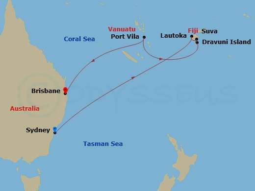 12 Night - Fiji & South Pacific - Grand Princess - Starting in Sydney AU, Lautoka, Fiji, Suva, Fiji, Dravuni Island, Fiji, Port Vila, Vanuatu, Brisbane, Australia itinerary map