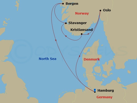 7 Night - Northern Europe - MSC Preziosa - Starting in Hamburg, Germany, Oslo, Norway, Kristiansand, Norway, Stavanger (Lysefijord), Norway, Bergen, Norway, Hamburg, Germany itinerary map
