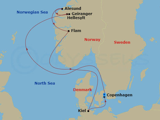 7 Night - Northern Europe - MSC Euribia - Starting in Copenhagen, Denmark, Hellesylt, Norway, Geiranger, Norway, Alesund, Norway, Flam, Norway, Kiel, Germany, Copenhagen, Denmark itinerary map