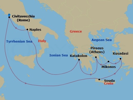 10 Night - Greek Isles Turkey & Italy - Carnival Miracle - Starting in Civitavecchia (Rome), Italy, Souda (Chania), Crete, Greece, Kusadasi (Ephesus), Turkey, Mykonos, Greece, Piraeus (Athens), Greece, Katakolon (Olympia), Greece, Naples (Amalfi / Pompeii), Italy, Civitavecchia (Rome), Italy itinerary map