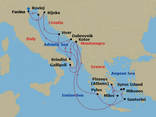 17 Night - An Extended Journey of Changing Light & Coastal Lives - EXPLORA II - Starting in Fusina (Venice), Rovinj, Dubrovnik, Croatia, Brindisi, Kotor, Milos, Piraeus (Athens), Syros (Syra), Mykonos, Santorini, Pylos, Kotor, Gallipoli, Hvar, Rijeka, Fusina (Venice) itinerary map