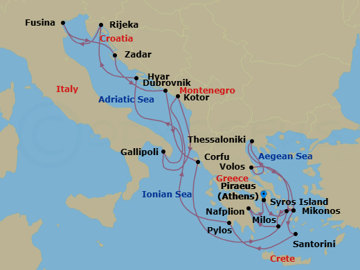 21 Night - An Extended Journey of Returning Tides & New Shores - EXPLORA II - Starting in Piraeus (Athens), Syros (Syra), Mykonos, Santorini, Pylos, Kotor, Gallipoli, Hvar, Rijeka, Fusina (Venice), Zadar, Dubrovnik, Croatia, Corfu, Volos, Thessaloniki, Mykonos, Milos, Nafplion, Piraeus (Athens) itinerary map