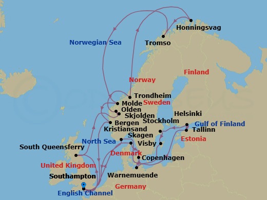 28 Night - Scandinavia & Land of the Midnight Sun - Sky Princess - Starting in Southampton (for London), England, Skagen, Denmark, Copenhagen, Denmark, Warnemunde (for Berlin), Germany, Tallinn, Estonia, Helsinki, Finland, Stockholm, Sweden, Visby, Sweden, Kristiansand, Norway, Southampton (for London), England, Edinburgh (South Queensferry), Scotland, Skjolden / Sognefjord, Norway, Olden, Norway, Trondheim, Norway, Honningsvag (for North Cape), Norway, Tromso, Norway, Molde, Norway, Bergen, Norway, Southampton (for London), England itinerary map