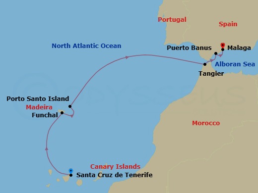 7 Night - Atlantic Islands & Moroccan Coastline - Scenic Eclipse - Starting in Santa Cruz de Tenerife, At Sea / Funchal, Portugal, Funchal, Portugal, Porto Santo, Portugal, Tangier, Morocco, Puerto Banus / Malaga, Spain, Malaga, Spain itinerary map
