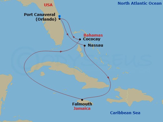 6 Night - Western Carib & Perfect Day Holiday - Harmony of the Seas - Starting in Orlando (Port Canaveral), Fl, Nassau, Bahamas, Falmouth, Jamaica, Perfect Day Cococay, Bahamas, Orlando (Port Canaveral), Fl itinerary map