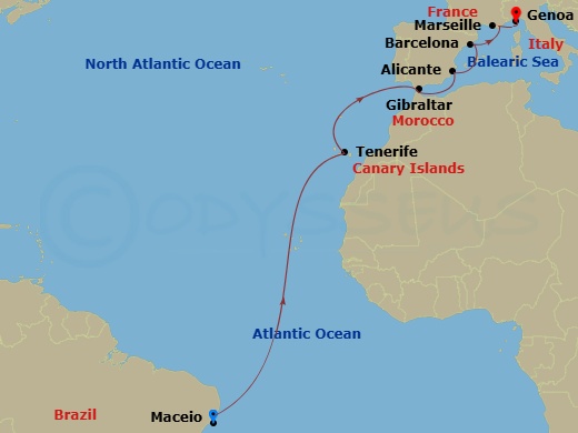 13 Night - Msc Grand Voyages - MSC Seaview - Starting in Maceio, Brazil, Santa Cruz De Tenerife, Spain, Gibraltar, Alicante, Spain, Barcelona, Spain, Marseille (Provence), France, Genoa (Portofino), Italy itinerary map