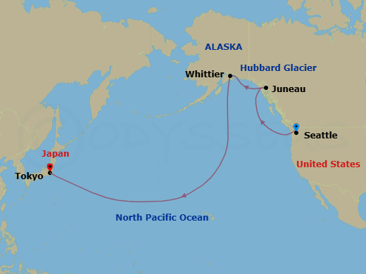 14 Night - Alaska & North Pacific Crossing - Royal Princess - Starting in Seattle, Washington, Juneau, Alaska, Hubbard Glacier (Scenic Cruising), Alaska, College Fjord (Scenic Cruising), Alaska, Anchorage (Whittier), Alaska, Cross International Date Line itinerary map