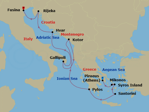 10 Night - A Journey Through Greece's Icons to Italy's Hidden Coastlines - EXPLORA II - Starting in Piraeus (Athens), Syros (Syra), Mykonos, Santorini, Pylos, Kotor, Gallipoli, Hvar, Rijeka, Fusina (Venice) itinerary map